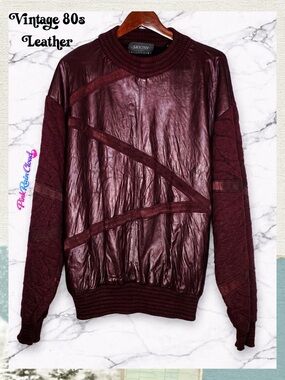 Saxony 80s Maroon Leather Knit Sweater Men’s XL Textured Pullover